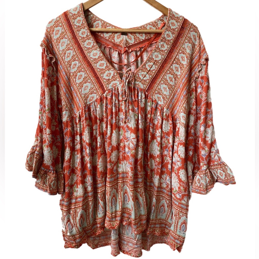 Free People Women’s Sm Tunic Top  Orange Floral Moonlight Dance 3/4 Sleeve Boho